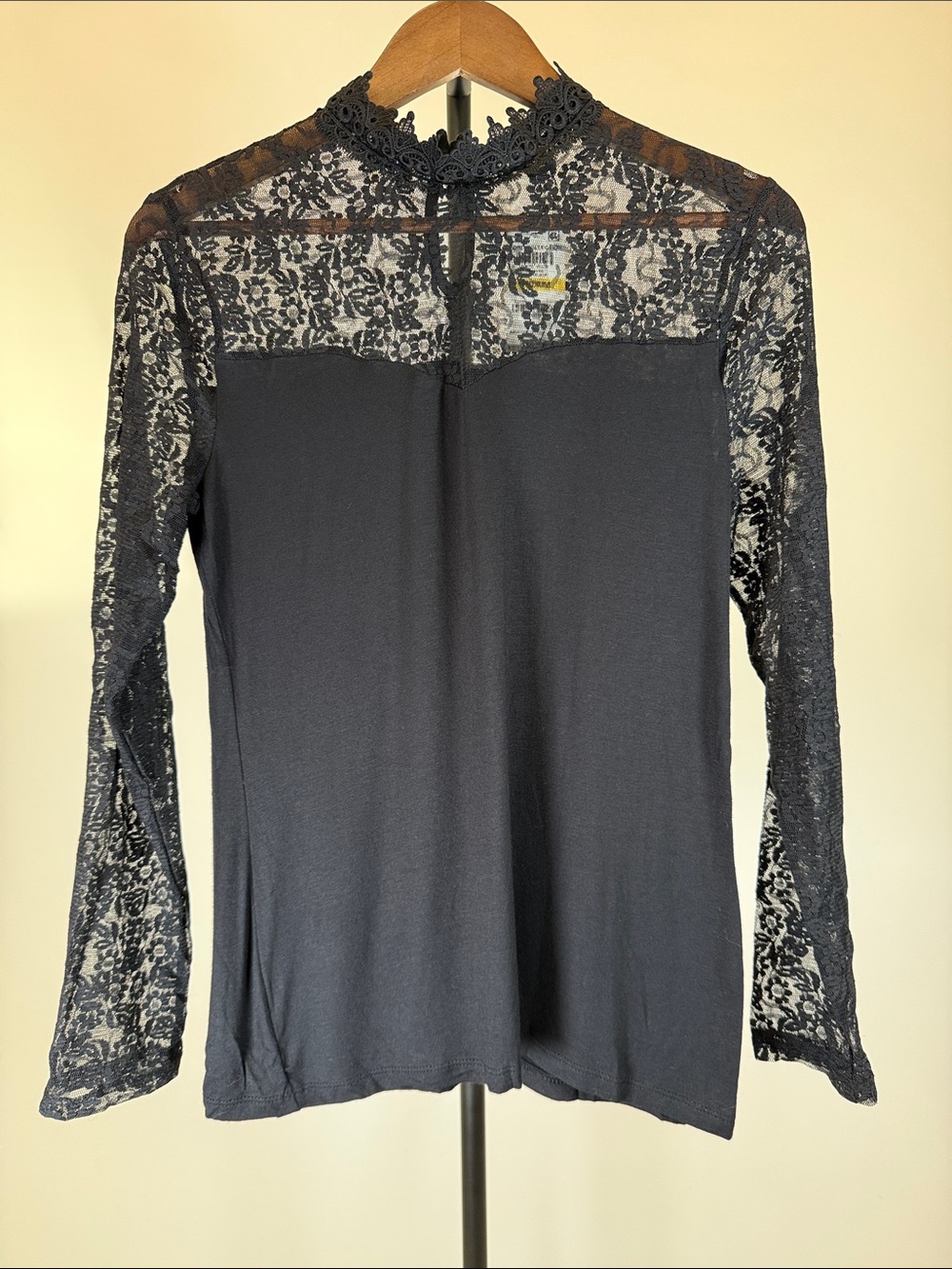 INC International Concepts Black Lace Yoke Long Sleeve Top | Size M